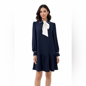 DKNY Navy Blue Bow Collar Long Sleeve Tiered Mini Dress Chic Preppy Style Size 4